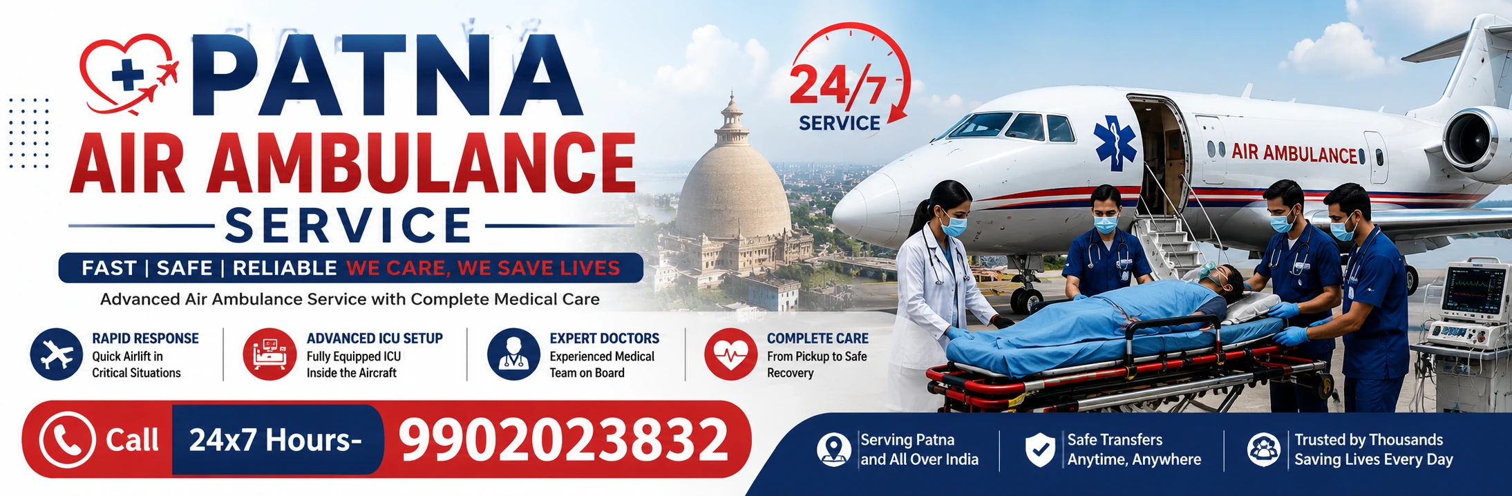 Patna Air Ambulance Service 24x7 | Patient Transfer to Delhi, Mumbai, Chennai, Bangalore & Vellore